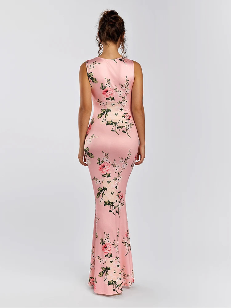 NewAsia Robe longue sans manches pour femme, coupe cintrée, imprimé floral, ourlet sirène asymétrique, moulante, soirée, rose