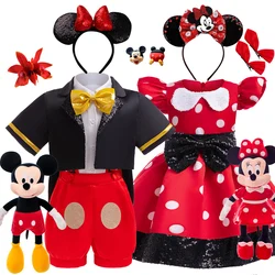 Disney Mickey Mouse Dress for Girls Minnie Cartoon Clothes Headband Boys Cosplay Costumes Fancy Bow Tie Clothing Set 12M