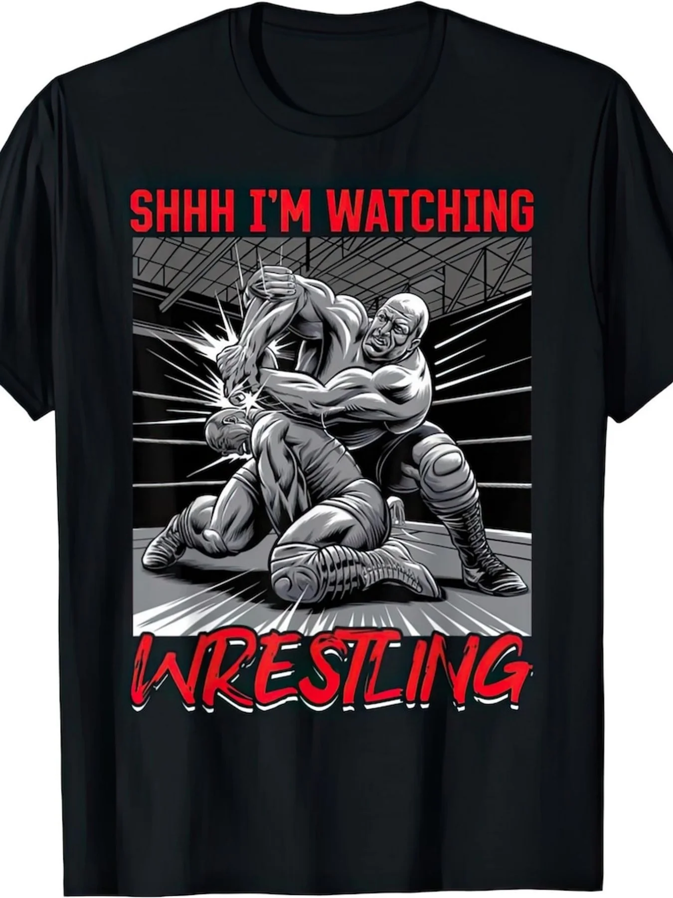 Shhh I'm Watching Wrestling T Shirt Vintage Crew Neck Loose Fit AllSeason Casual Pullover with Heat Transfer Printing Soft Everyday & Christmas Eve Outfit Seasonal Casual Wear Festive Design Comfortable Fit Top
