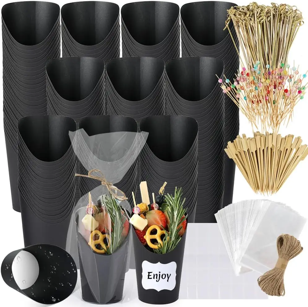

100 Sets 12 oz Black Charcuterie Cups with Sticks, 300 Picks + 100 Bags + 100 Labels, Individual Charcuterie Cups, Paper