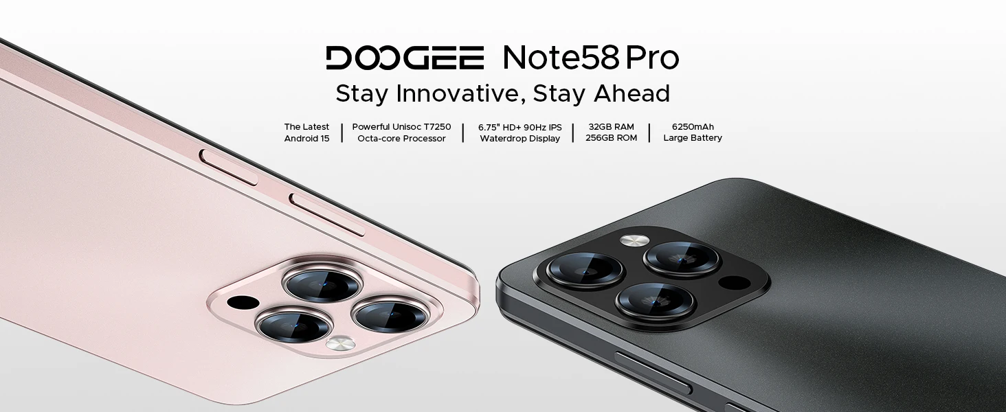 DOOGEE Note58 Pro Smartphone 32GB 256GB 6.75" HD+ 90Hz 6250mAh Large Battery 16MP Camera Fingerprin Android16 NFC Cellphone