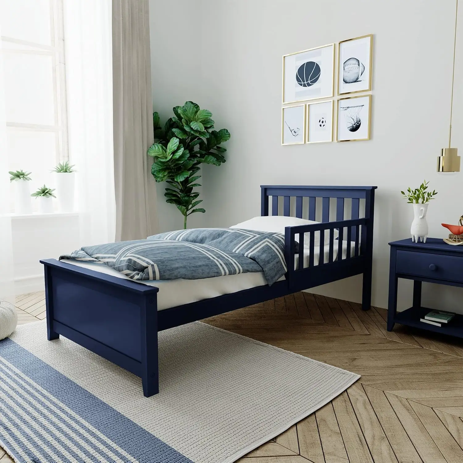 

Twin Bed, Bed Frame With Headboard For Kids With 1 Guard Rail, Slatted, Blue