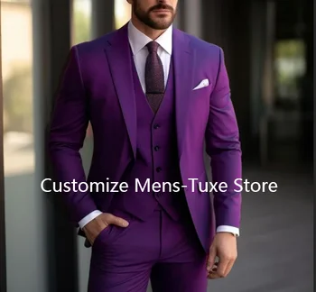 גברים סגולים חליפות בלזר אלגנטי באיכות גבוהה 3 קט מכנסי ג 'קט סט סט סט תלבושות עסקים תחפושת homme רזה מתאים 2024