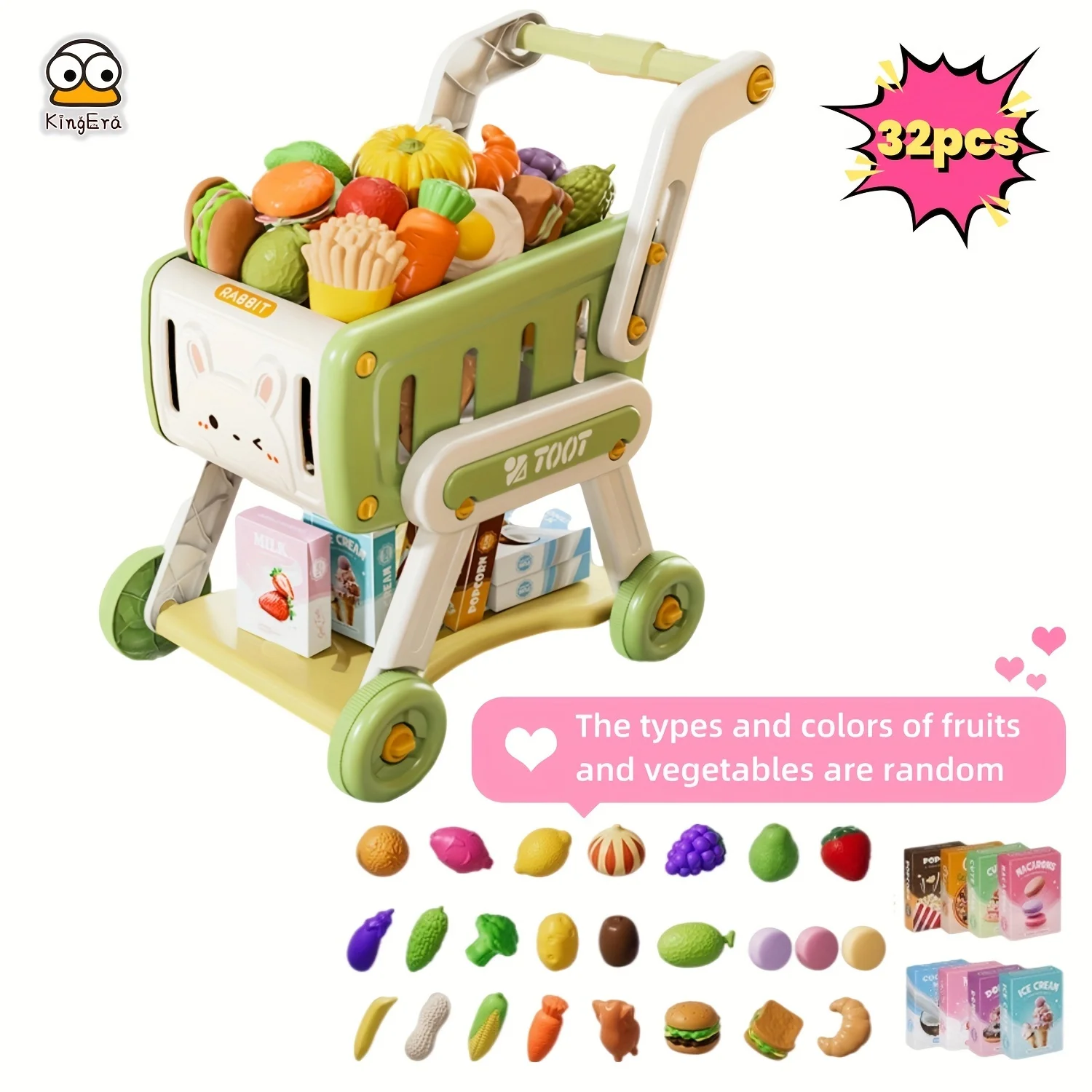 32pcs Kids Shopping Cart, Trolley Play Set with Pretend Food Fruit Vegetable Snack and Accessories, Toy Shopping Cart Trolley