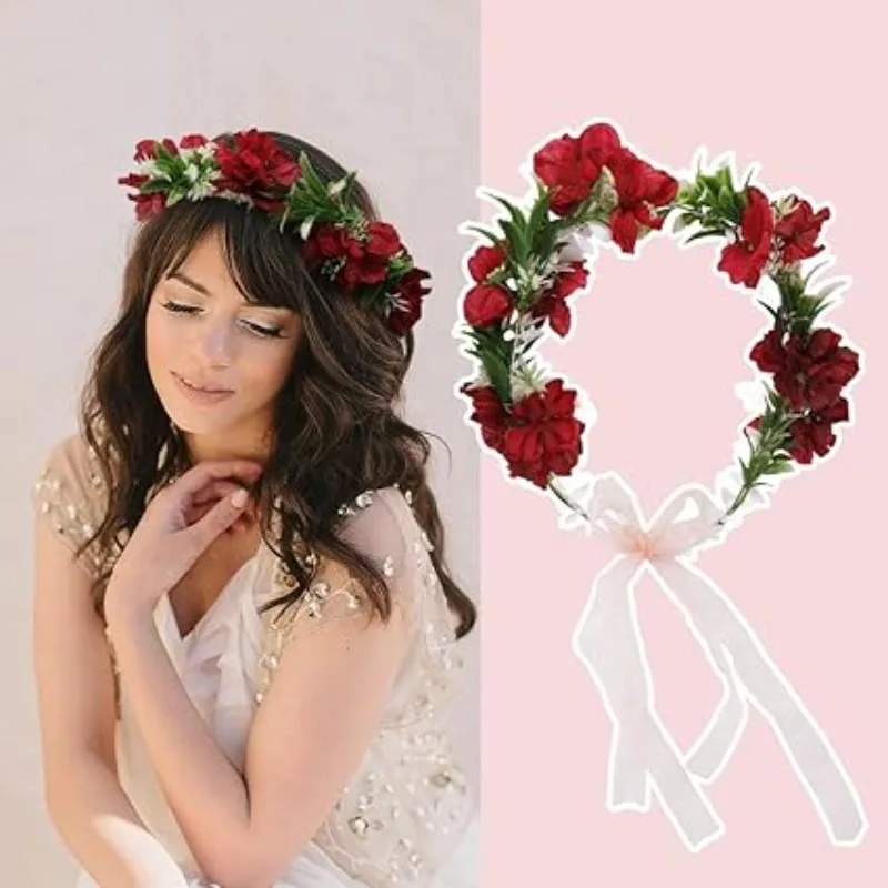 

1pc Bridal Headband Simulated Flower Crown for Women Girls Wedding Valentine's Day Beach Hair Hoop Garland Halo