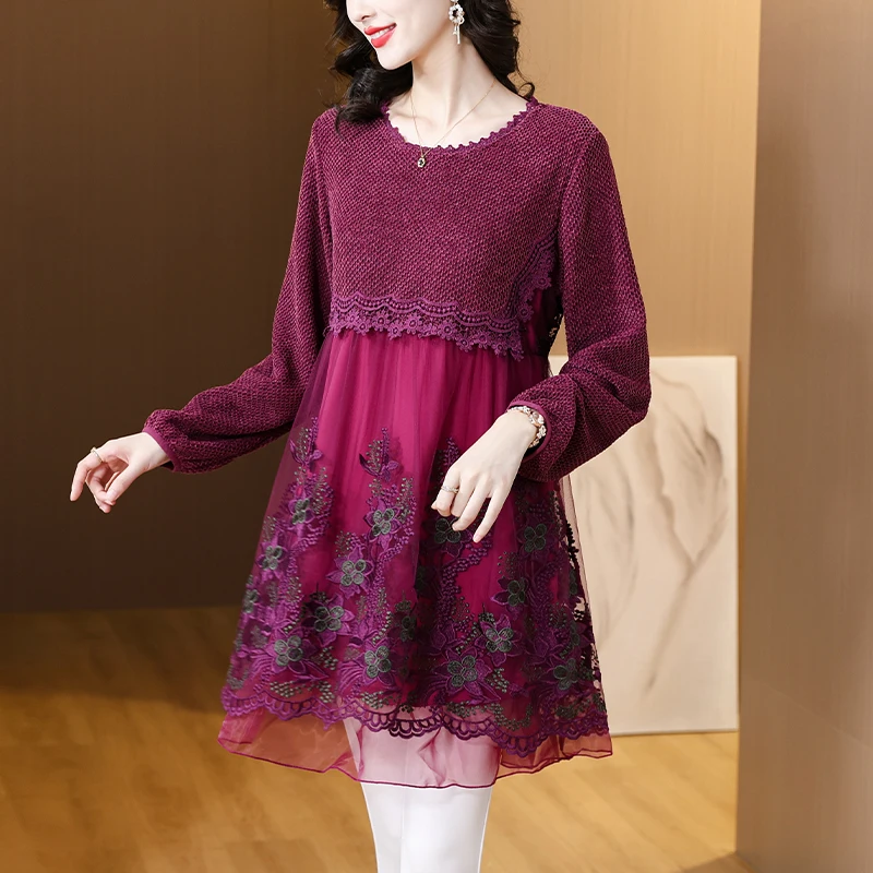 

Women Fashion Embroidery Floral Silk Ruffled Collar Midi Dress 2024 Light Casual Loose Dress Autumn Korean Vintage Party Dresses