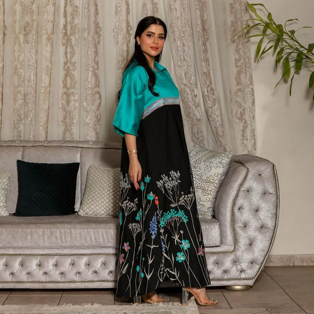 

Latest Dubai Muslim Cotton Dashiki Dress Summer Women Loose Maxi Robe Floral Pocket Femme Musulmane Party Dress African Abaya