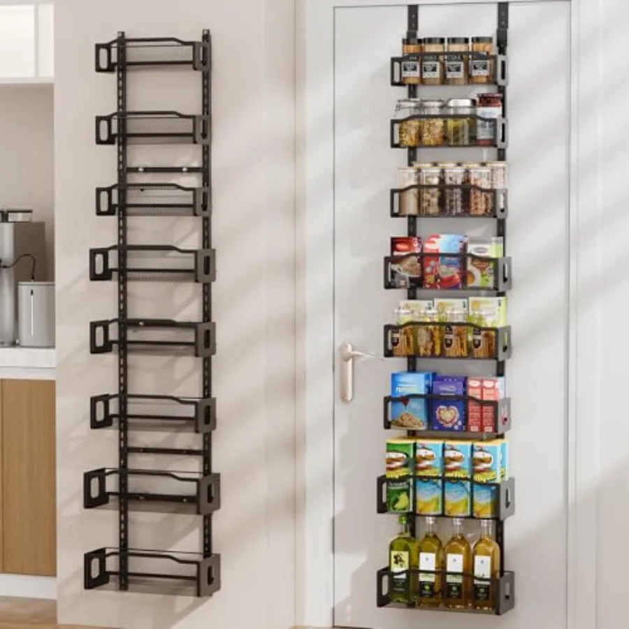 

8 Tier Over the Door Pantry Organizer, 2in1 Hanging or Wall Mount Spice Rack Seasoning, Adjustable Heavy-Duty Narrow Pantry Doo