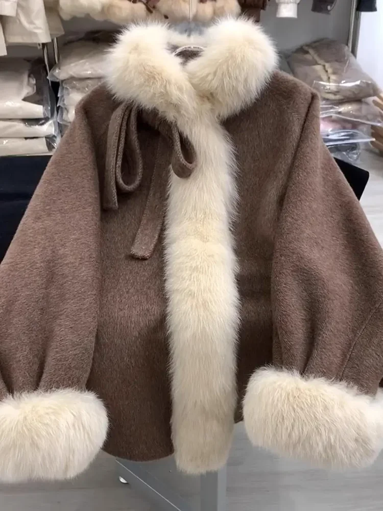 

2025 Autumn Winter Faion Design ort Brown Coat Women's High-End Feelings Outerwear Top French Sle Loose Polyester Fiber