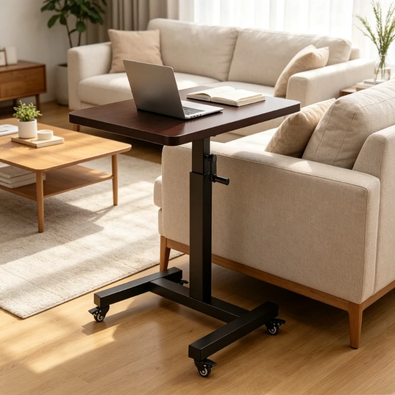 Hand Crank Standing Desk, Mobile Bedside Computer Table, Solid Wood Floor Standing Multifunctional Home Workstation with Wheels