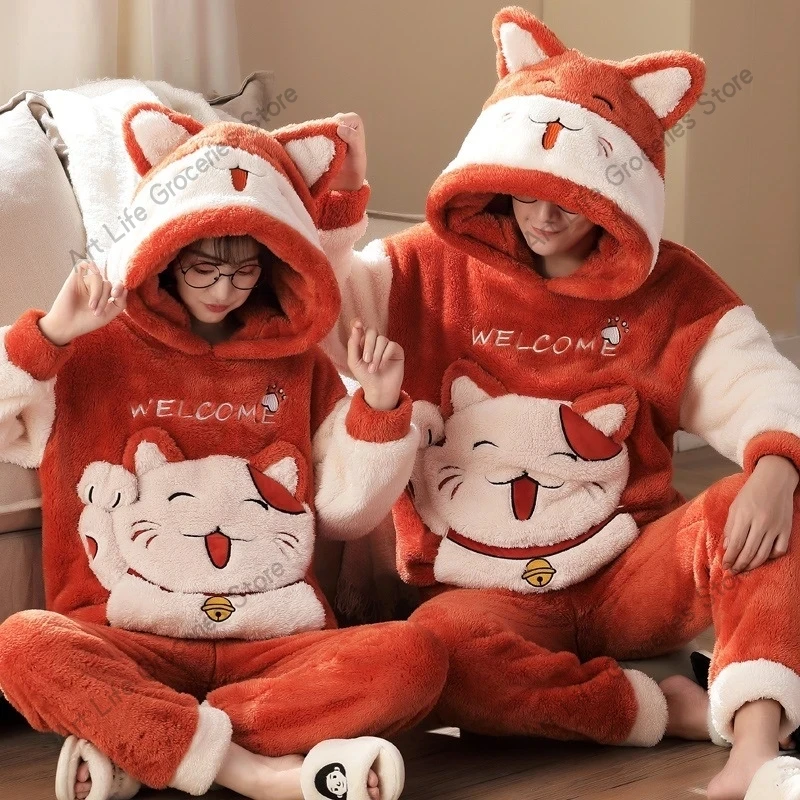 Winter Thicken Couples Pajamas Sets Sleepwear Adult  Cartoon Cat Kawaii Women Men Anime Pyjamas Korean Hoodie Suits Nightgown