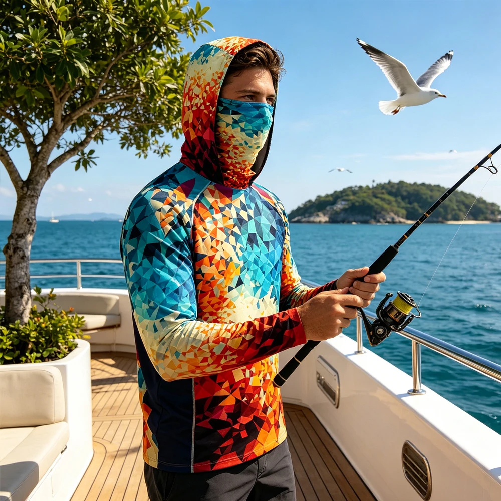 

Men Long Sleeve Fishing Shirt Hooded With Face Mask UPF50+ Anti UV Protection Quick Dry Breathable Outdoor Sea Fishing Clothing
