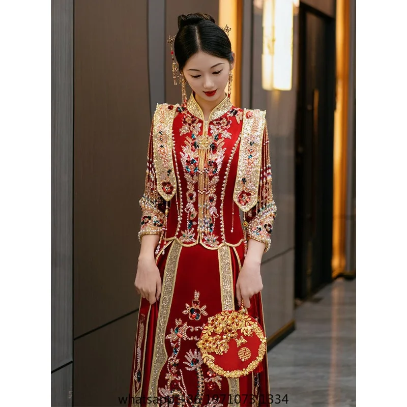 Traditional Chinese Wedding Suit Unlined Garment Gown Bride Xiuhe Suit Wedding And High Luxury Chinese Style Wedding Dress Girl