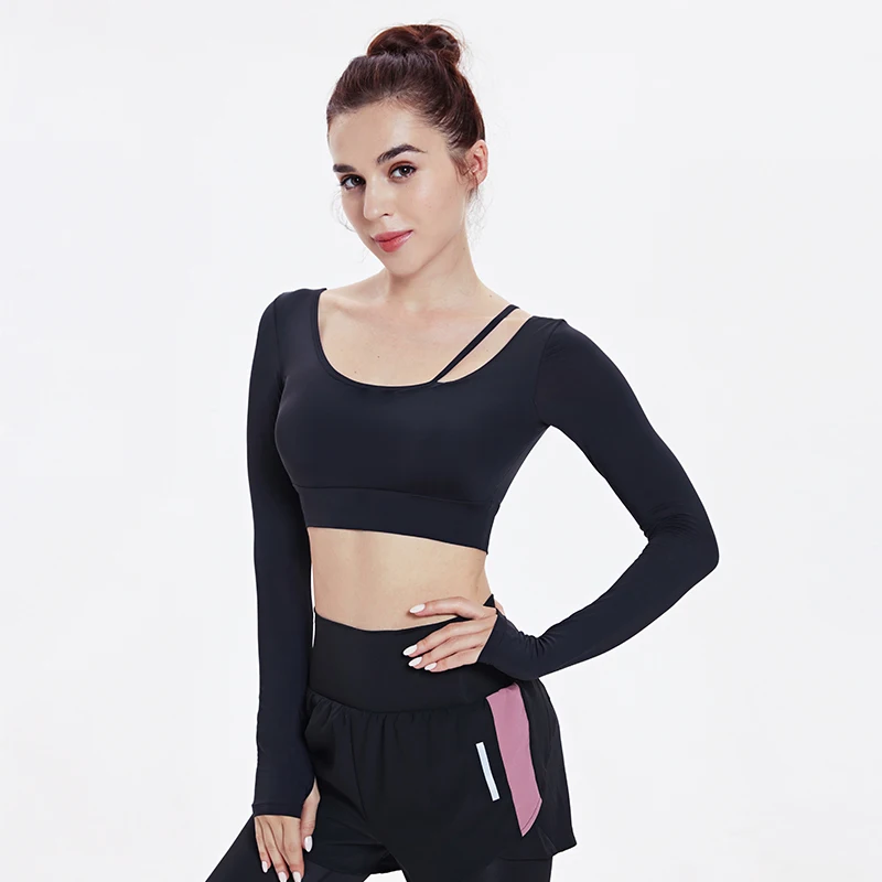 Women Slim Yoga Shirt Fitness Sexy Sports Gym Crop Top Padded Running Long Sleeve Blouse Workout T-Shirt With Thumb Holes