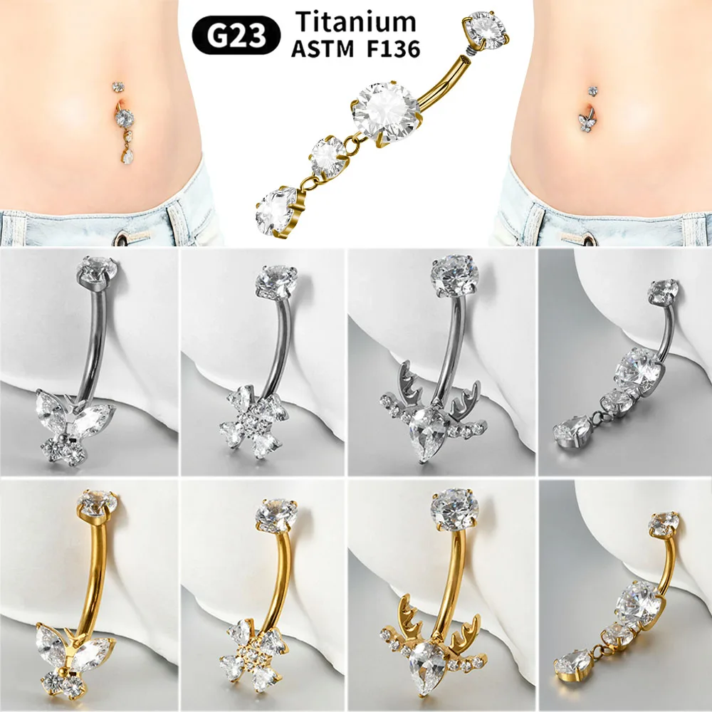 1PC Titanium Flower/Butterfly Marquise Zircon Belly Button Internally Threaded Navel Belly Button Ring Piercing Body Jewelry 16G