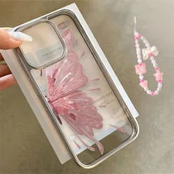 Pink Butterfly Necklace Phone Case for iPhone 16 15 14 13 12 11 Pro Max XS X XR 8 7 Plus SE Y2K Soft Clear Cover