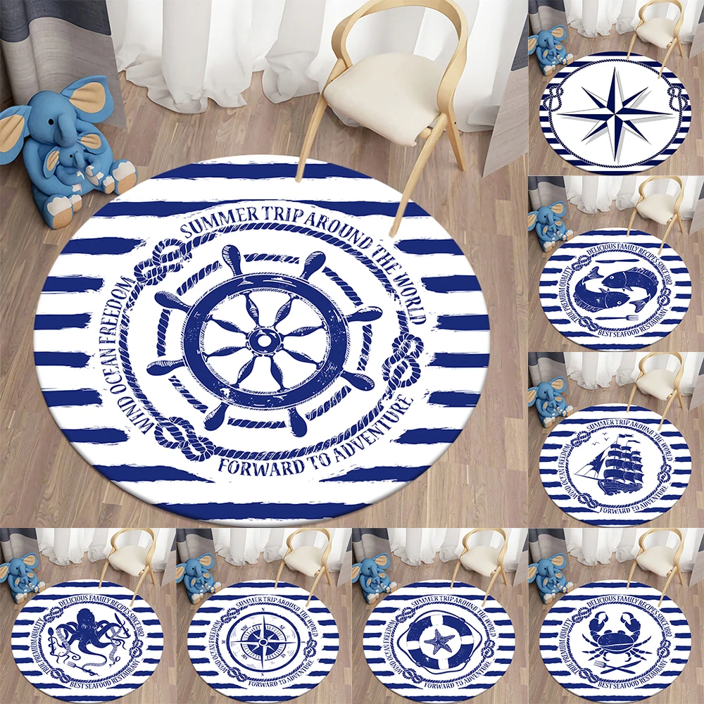 Nautical Round Rug Living Room Bedroom Kids  Soft Kitchen Area  Anti-Slip Flannel  Floor Mats