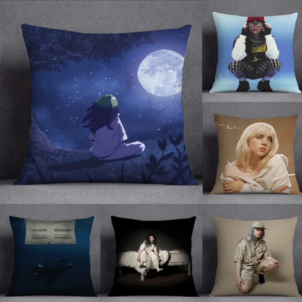 B-BillieS Singer E-EilishS Cushion Cover Square Double-Sided Printing Sofa Cushion Cover Pillowcase Bedroom Bedside