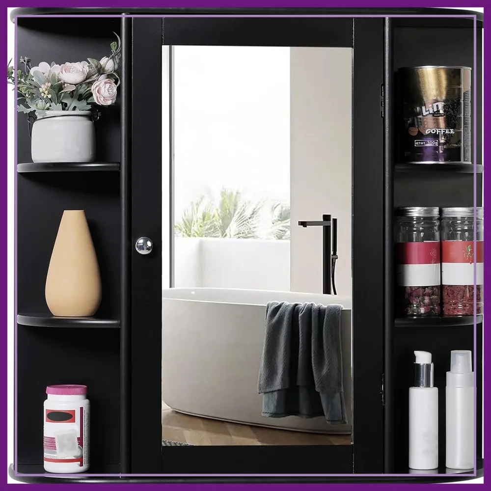 

Bathroom Medicine Cabinet with Mirror, Wall Mounted, 2 Adjustable & 6 Open Shelves, Over Toilet Storage, Black