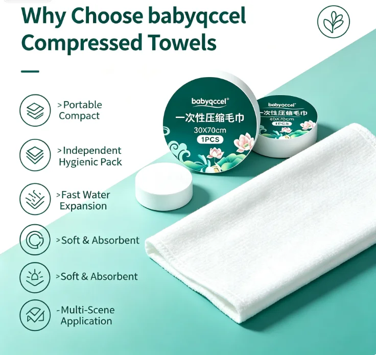 babyqccel Compressed Disposable Towels Tablets,Individually Wrapped Portable Face Towels, Soft Thick Non‑Woven Towel for Travel