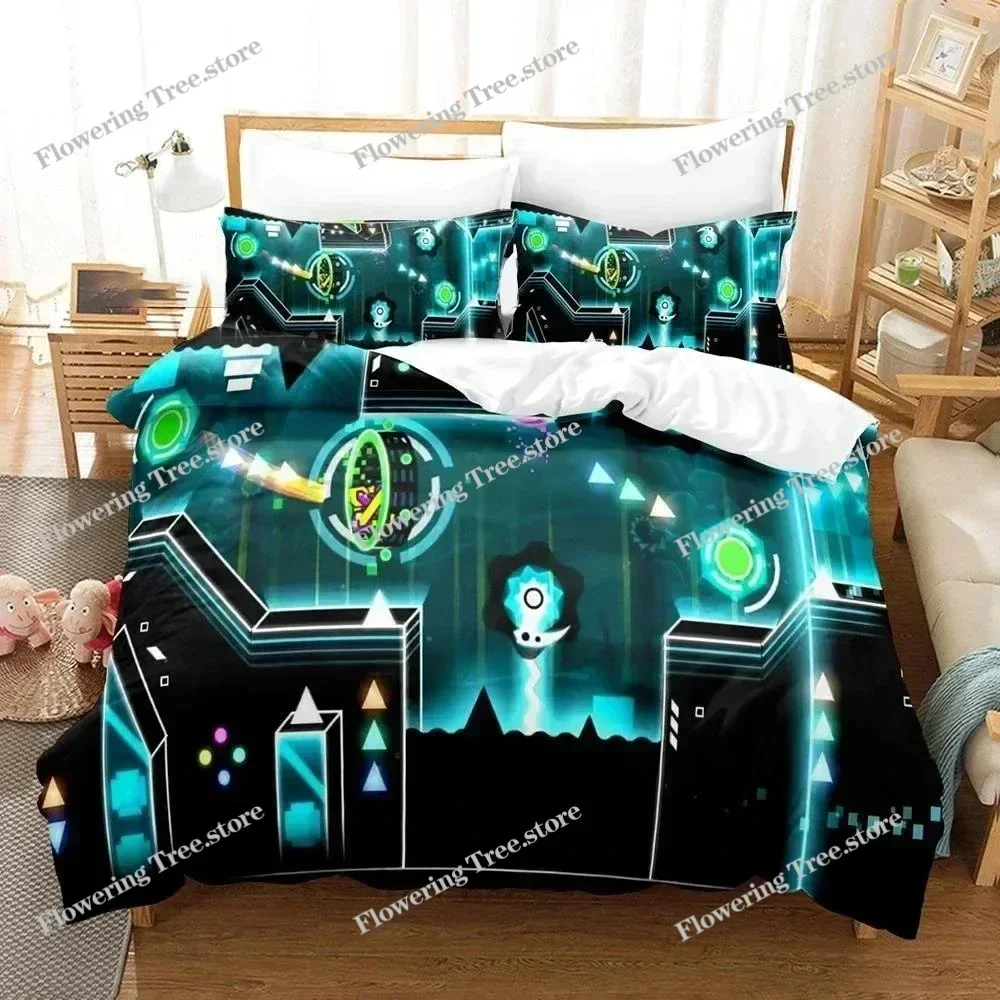 3D Game Geometry Dash Bedding Set Duvet Cover Comforter Bed Set Quilt Cover Pillowcase King Queen Twin Size Boys Girls Adults029
