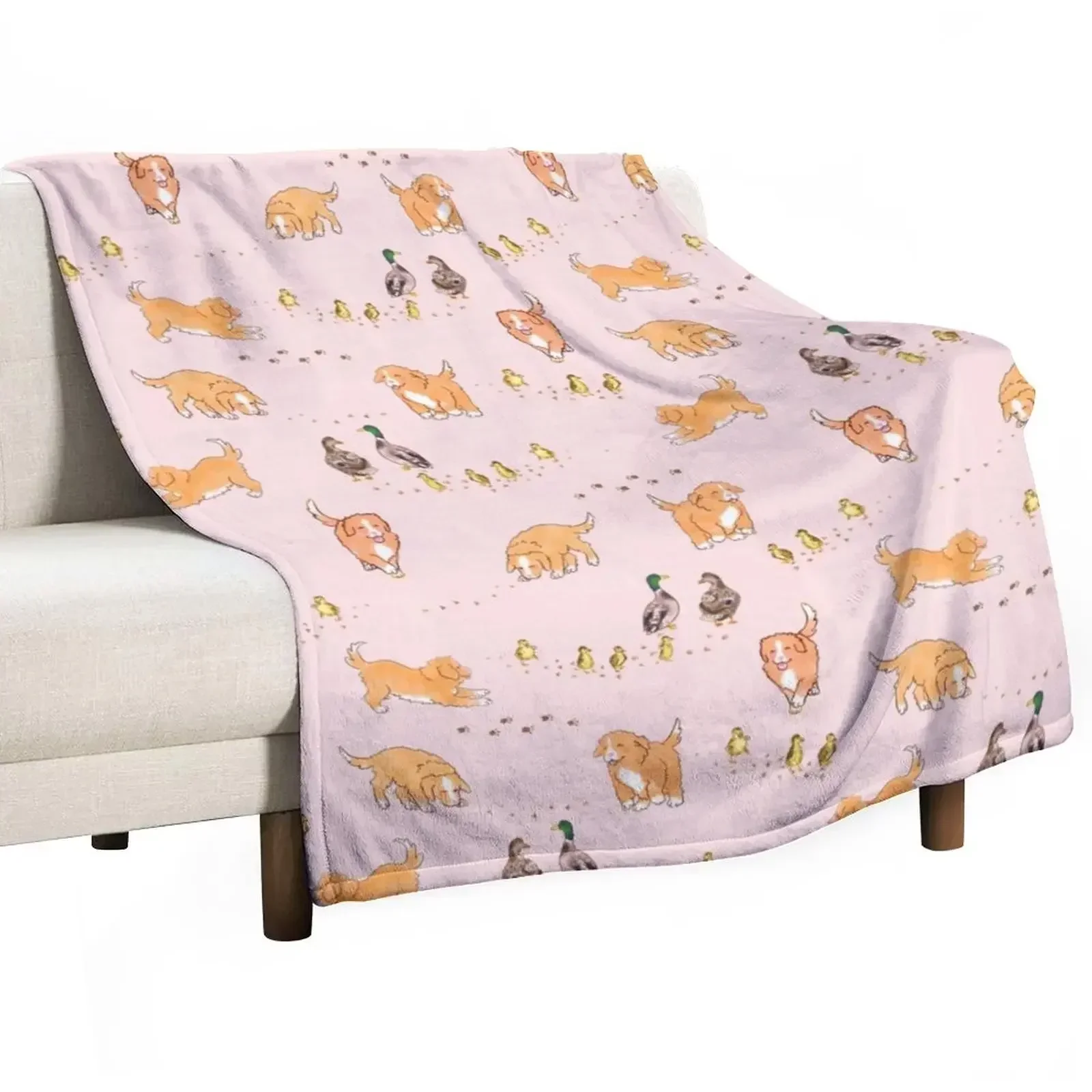 Toller Puppies and Ducklings - Light Pink Throw Blanket Plaid Heavy Blankets