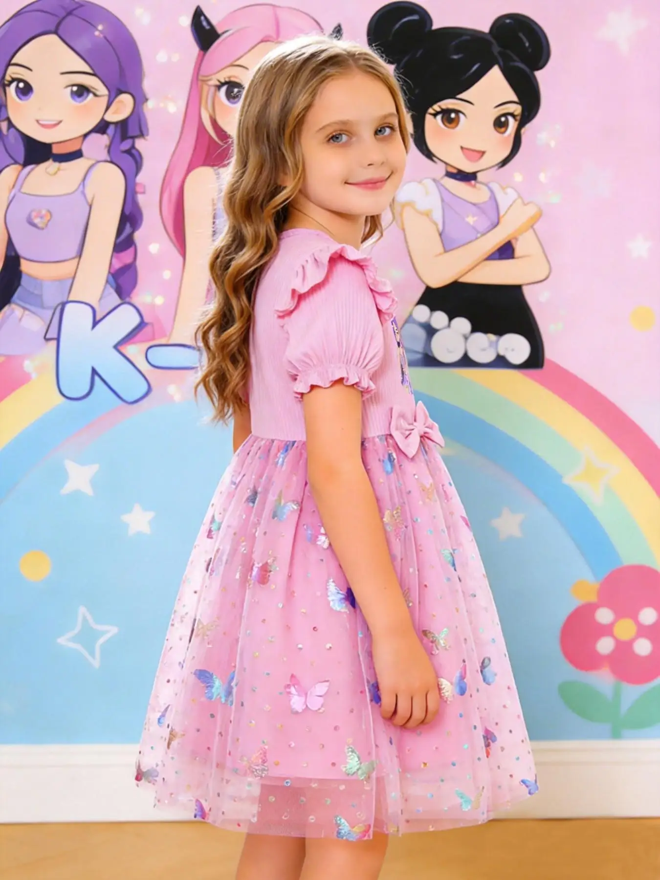 Girls' Elegant Princess Dress, Cartoon Butterfly Print, Slim-Fitting Summer Gown, Perfect for Easter, Valentine's Day, Parties,