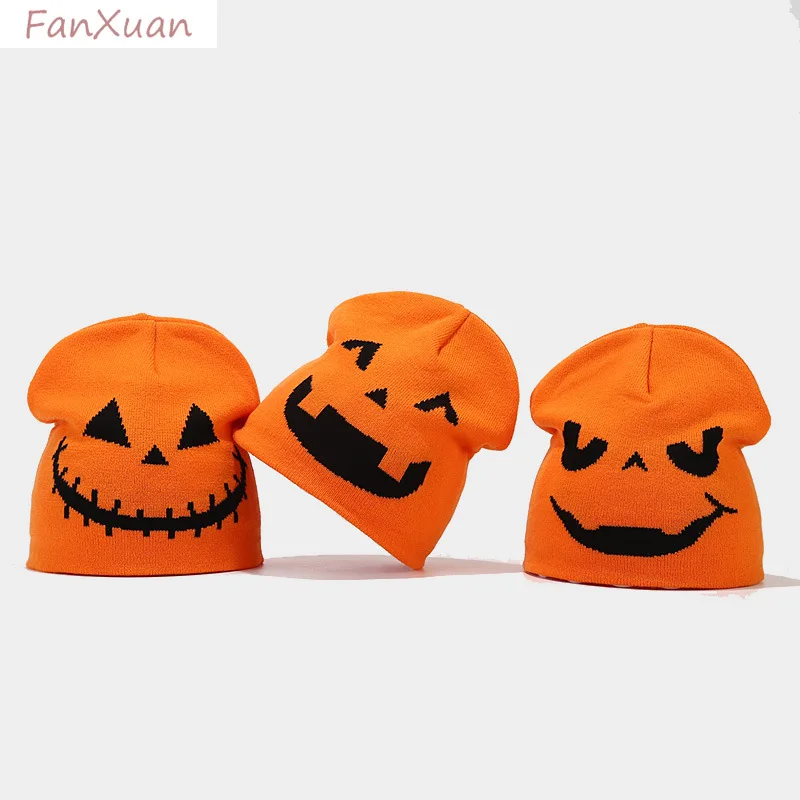 Halloween Pumpkin Knit Beanie cute black orange red funny parrten Festive Jacquard Hat cute view 3