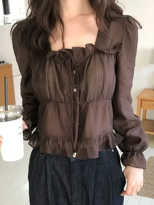 Chic Sweet Feminine Women's Shirt Gathered Waist Slimming Pleated Korean Style Long Sleeve Chiffon Blouse Ageless Fashion