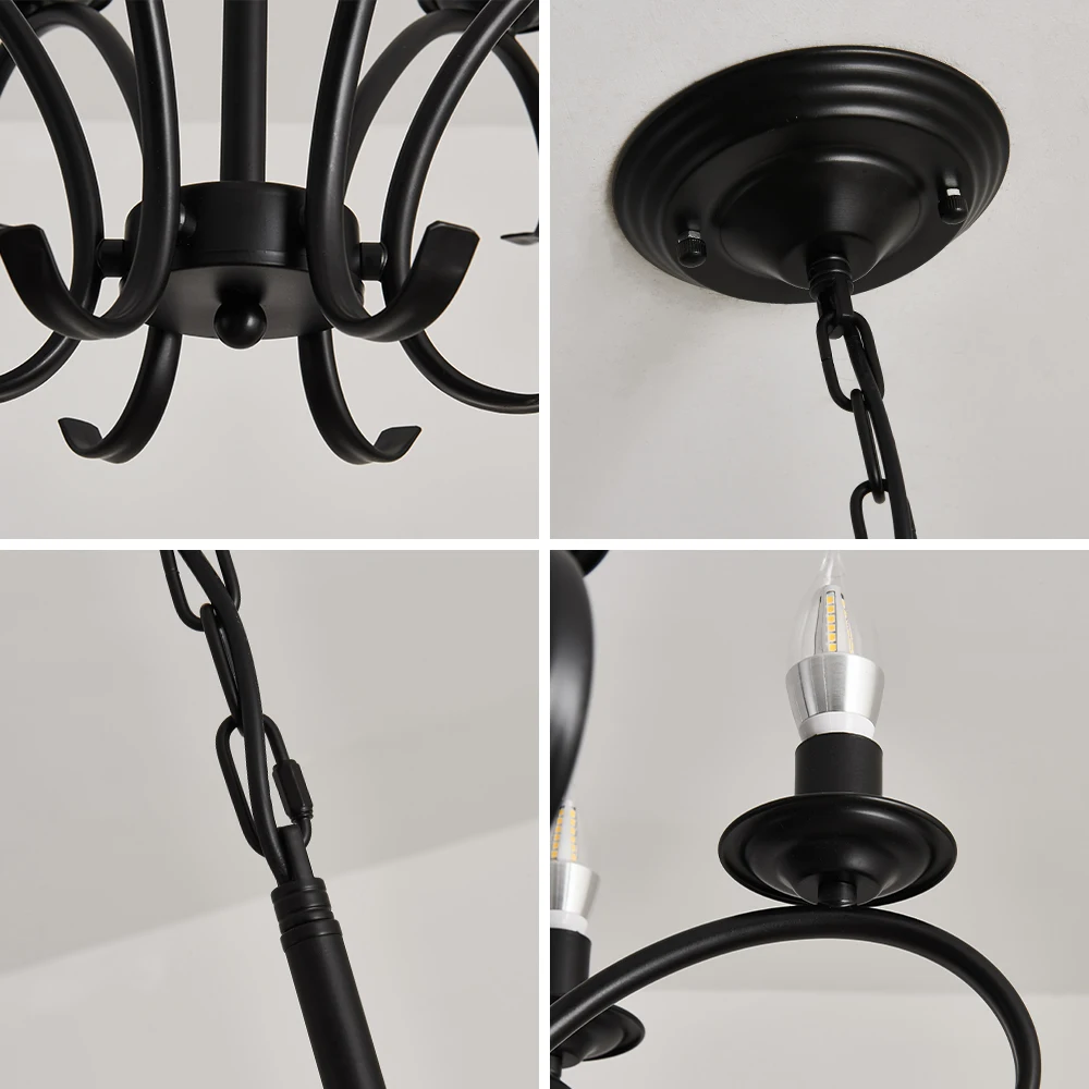 Vintage Wrought Iron LED Chandelier Candle Light Black Metal Lighting Fixture for Living Room Foyer Hanging Pendant Lamp