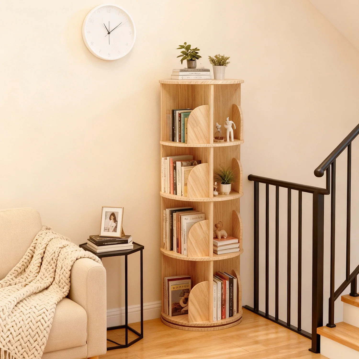 360 °   Drehbares, robustes Holz-Bücherregal – platzsparendes Eckregal, 2/3/4-stufiges freistehendes Bücherregal, Bücherorganisator für Büro, Schlafzimmer, Wohnzimmer