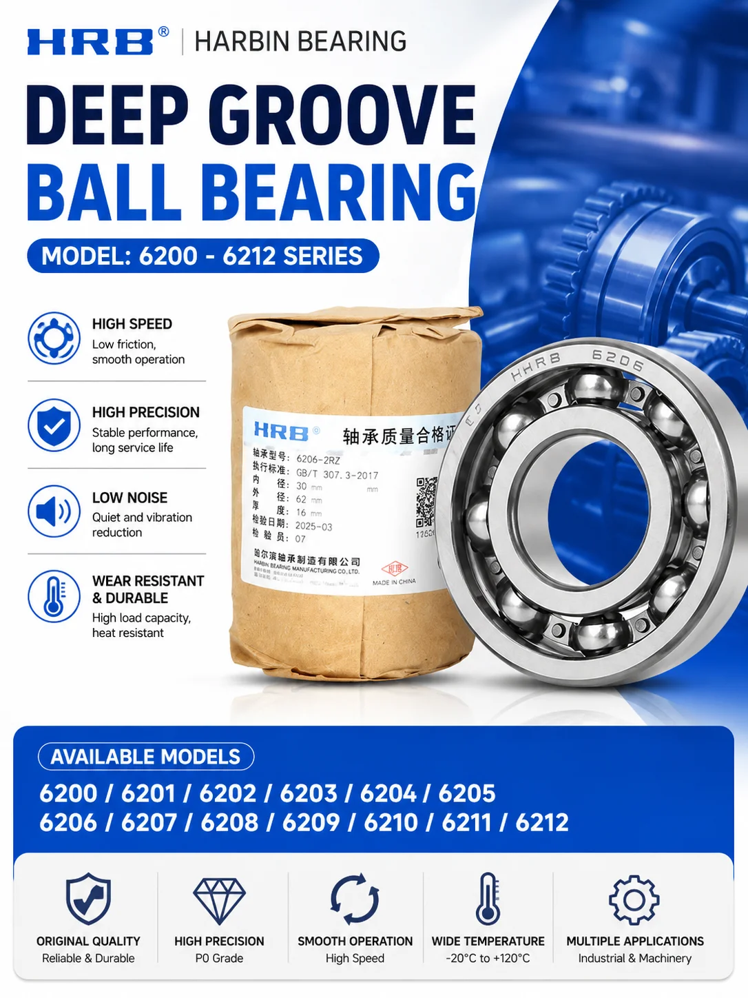 Deep Groove Ball Bearing 6200-6212 ZZ/2RS/Open 10-60x30-110mm Chrome Steel