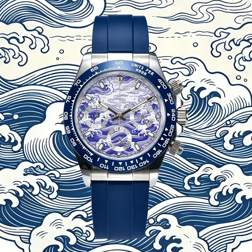 Men Chronograph Watch VK63/64 Watch Blue Rubber Strap Wave Pattern Sports Wristwatch Waterproof Quartz Watch for Business Casual