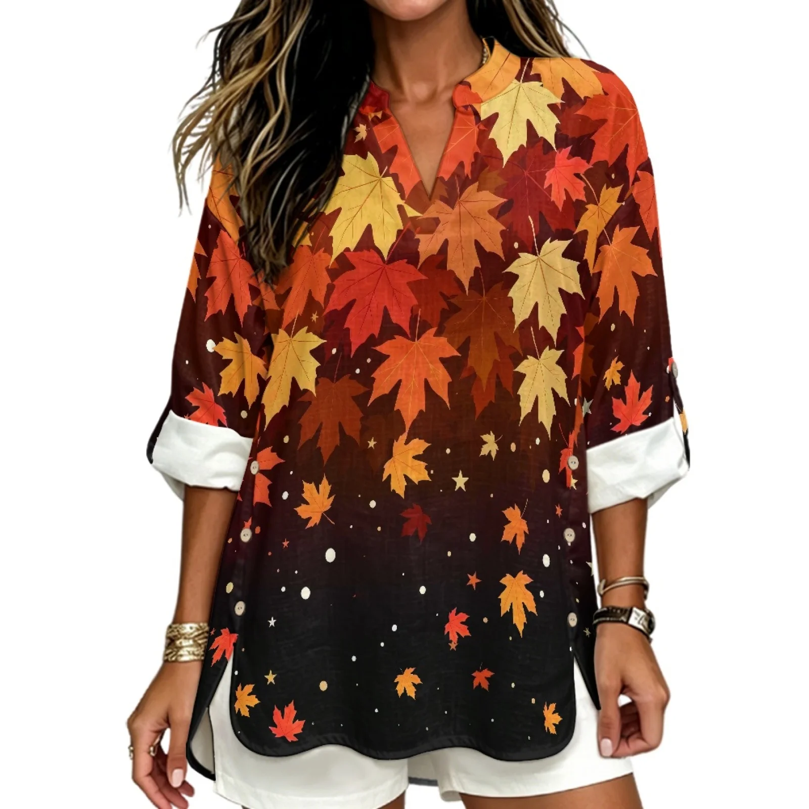 PENSTROLL Maple Leaf Pattern Linen Like Tunic Shirts Trendy Tunic Tops for Womens Sizes S-5XL