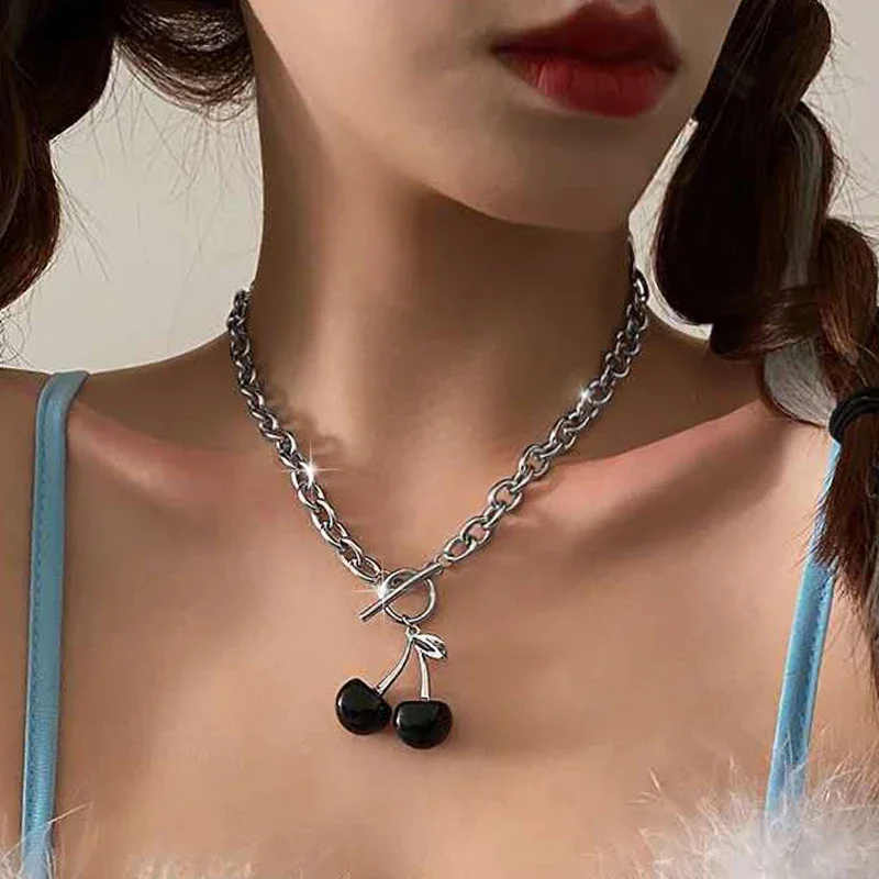 Punk Red Cherry Pendant Choker Y2k Necklace Earrings Chains for Women Girls Summer  For Dancing Party Stainless Steel Jewelry