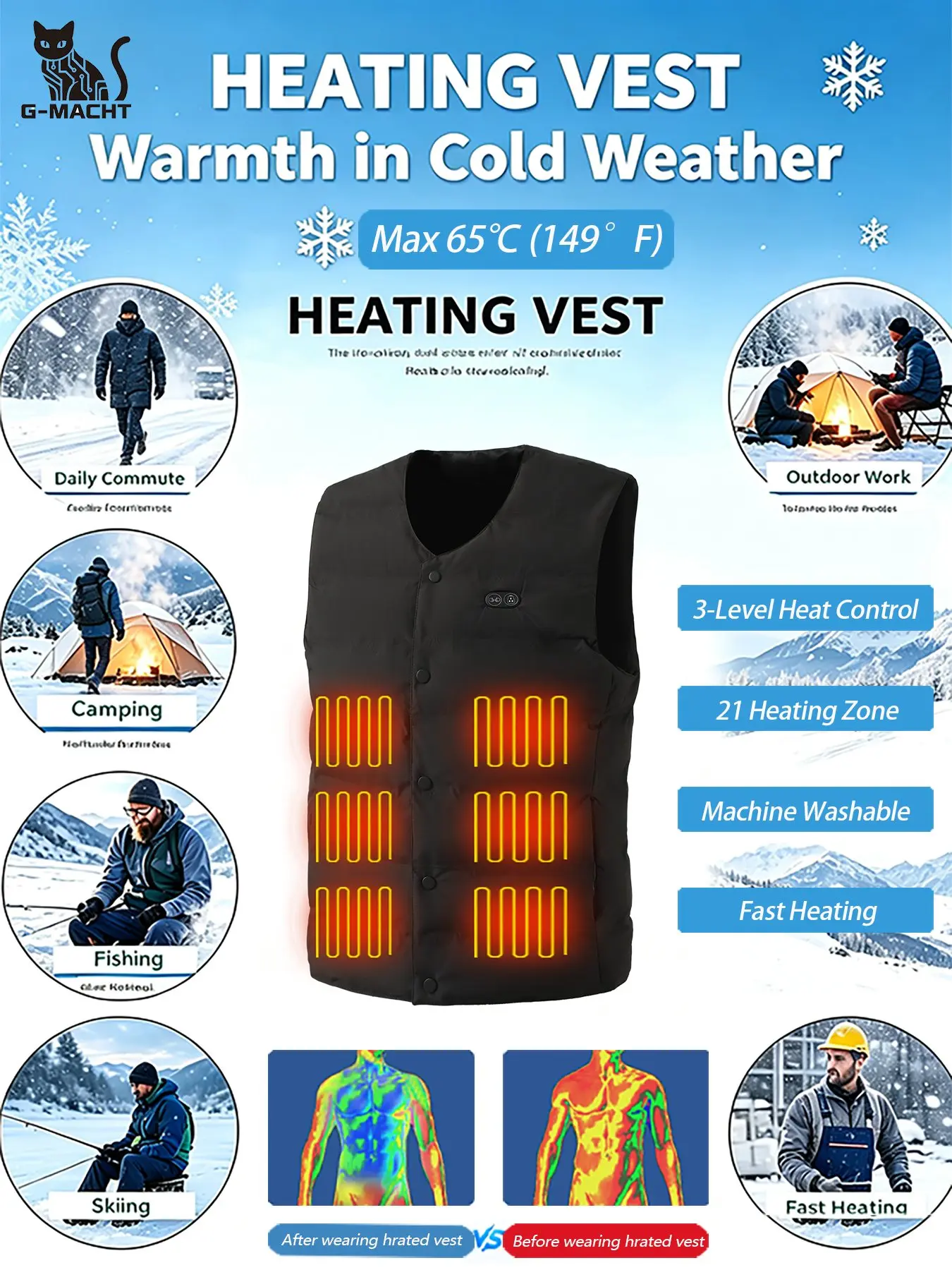 Winter New Style 21 Zone V‑Neck Heating Vest Unisex USB Intelligent Dual Control Heating Vest Motorcycle Riding Street Gear