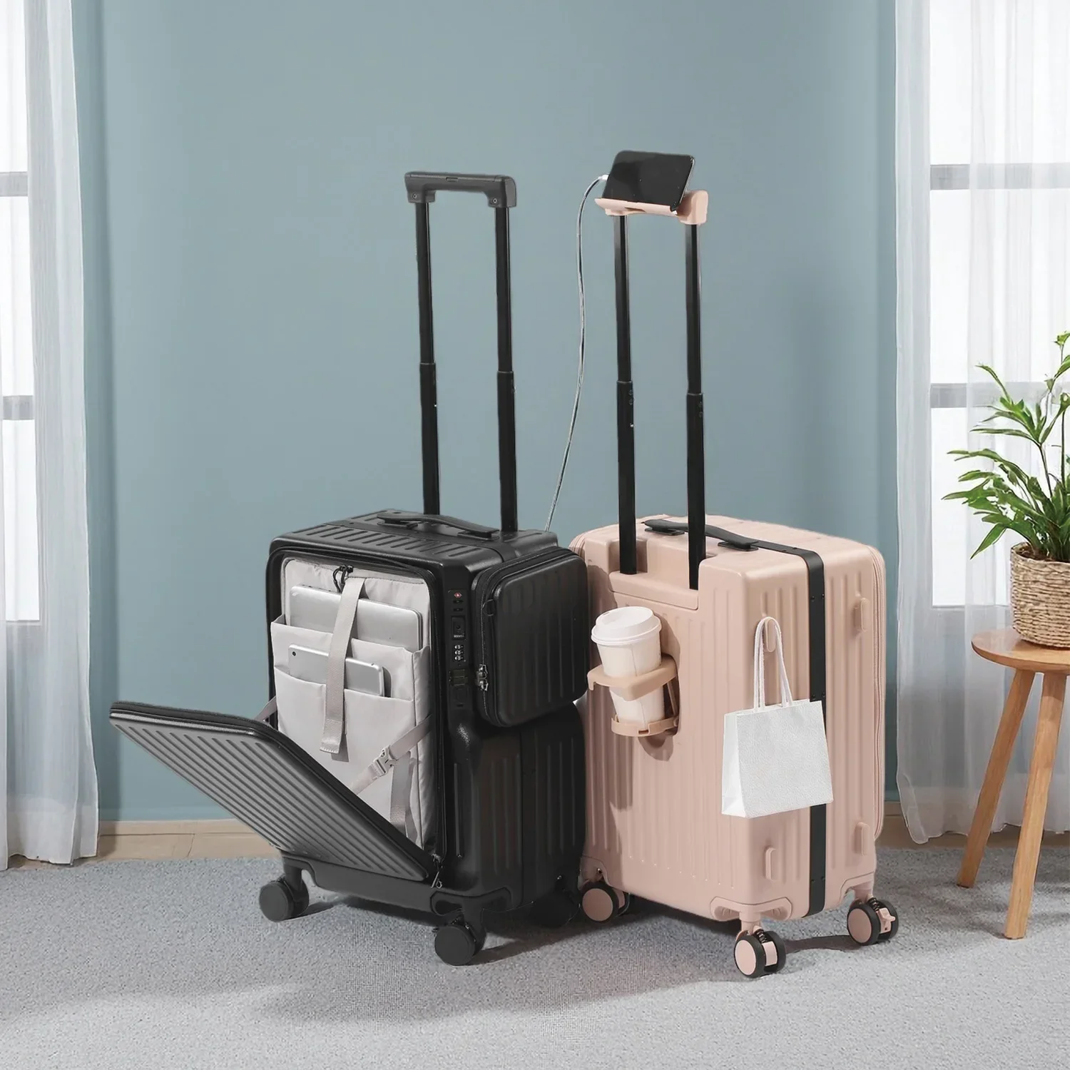 

20" multifunctional suitcase ABS+PC trolley case USB charging adapter luggage mobile phone holder brake wheel folding cup holder