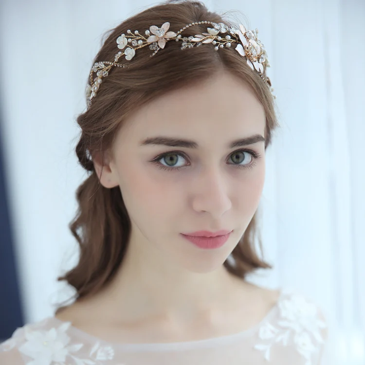 Baroque Bridal Tiara Headband Gold Color Floral Wedding Hair Piece Ornaments Women Prom Hair Accessories