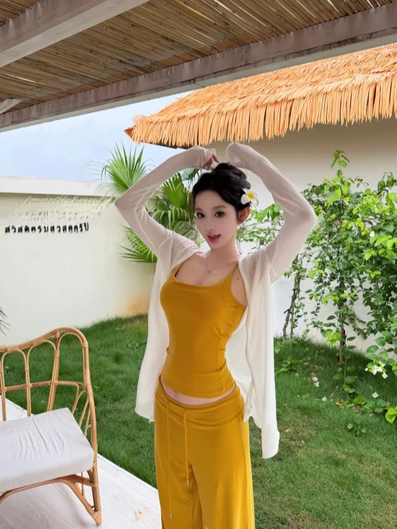 

Summer Vacation Style Women's Three-Piece Set Long Sleeve Sunscreen Cardigan Yellow Top Straight Leg Casual Pants