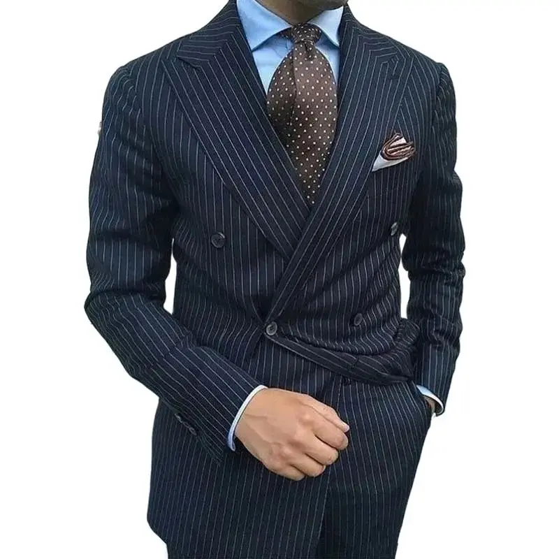 Navy Blue Men's Suits Blazer Peaked Lapel Stripe Pattern Regular Lenght Double Breated Skinny 2 Piece Jacket Pants Formal Party