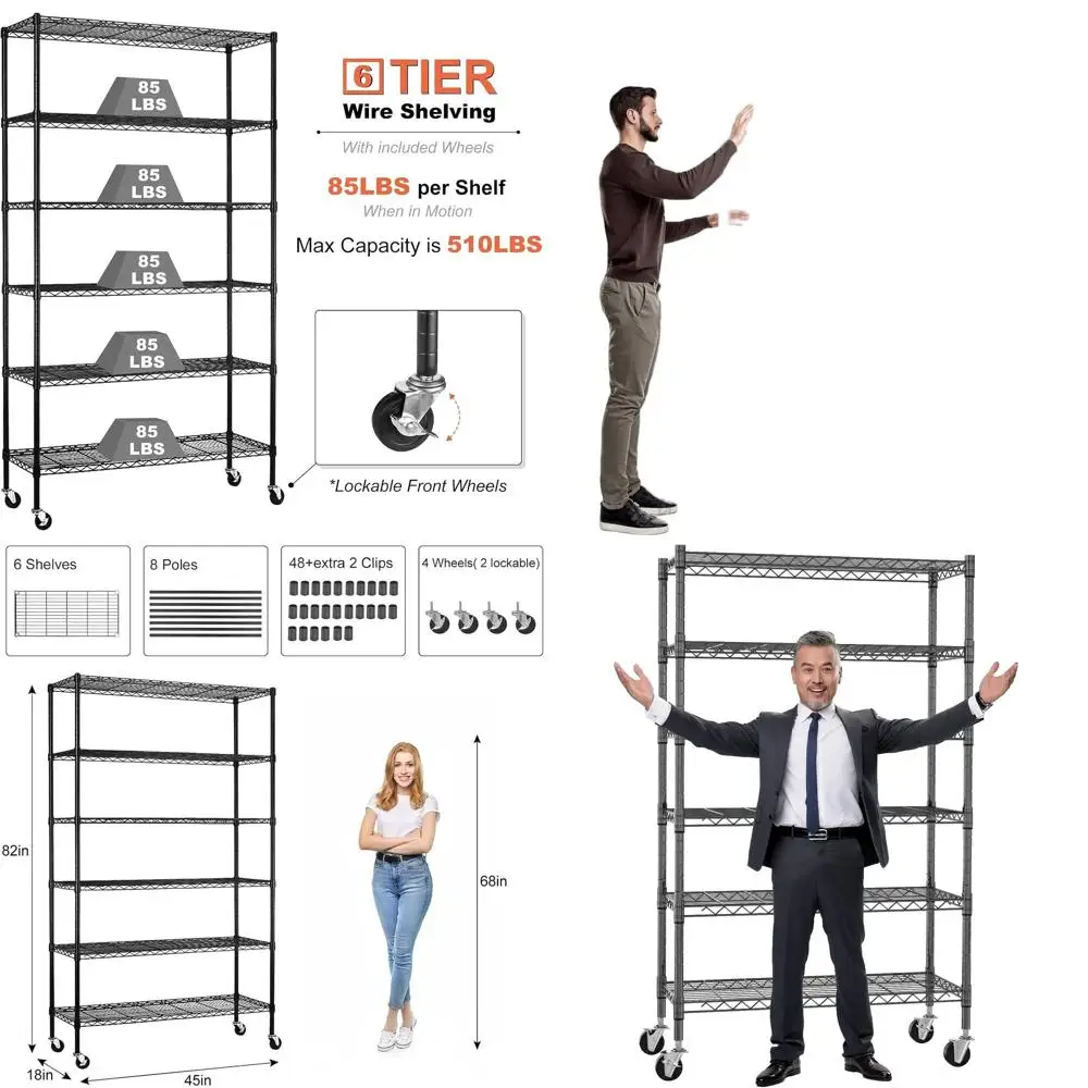 

Прочная 6-ярусная регулируемая металлическая стеллажная система на колесах, грузоподъемность 950 кг, 18x45x82, черная, для хранения в шкафу, кладовой.