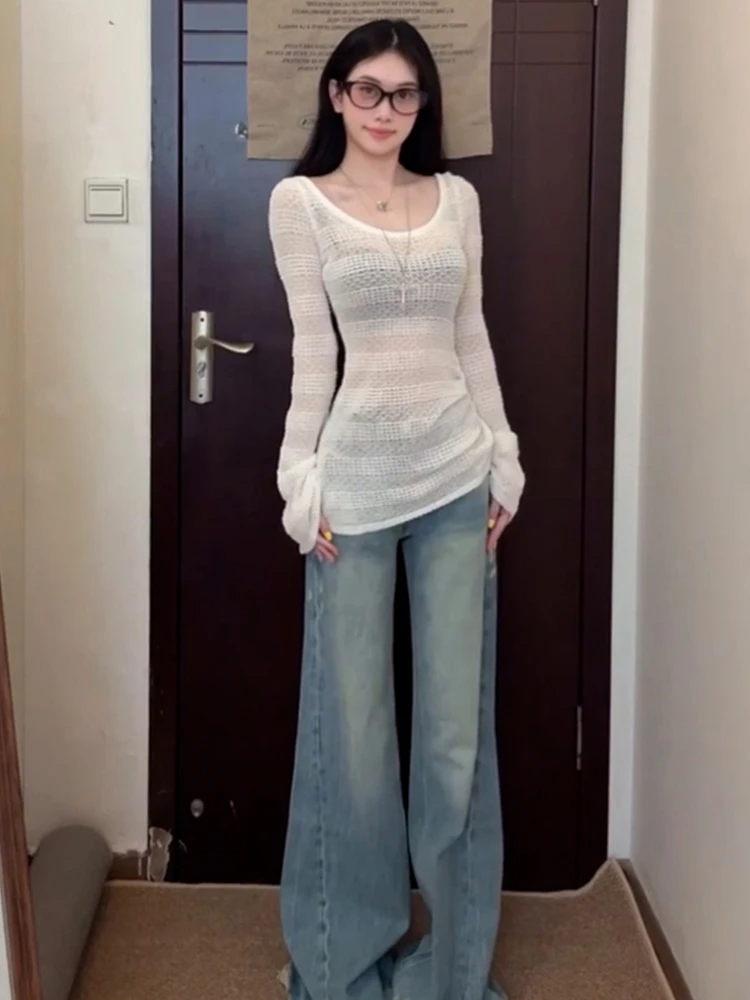 Weiße Spitze aushöhlen Sommer dünn gestrickt Sonnenschutz irt Damen Bell Sve Oberbekleidung Oulder Exposure Top