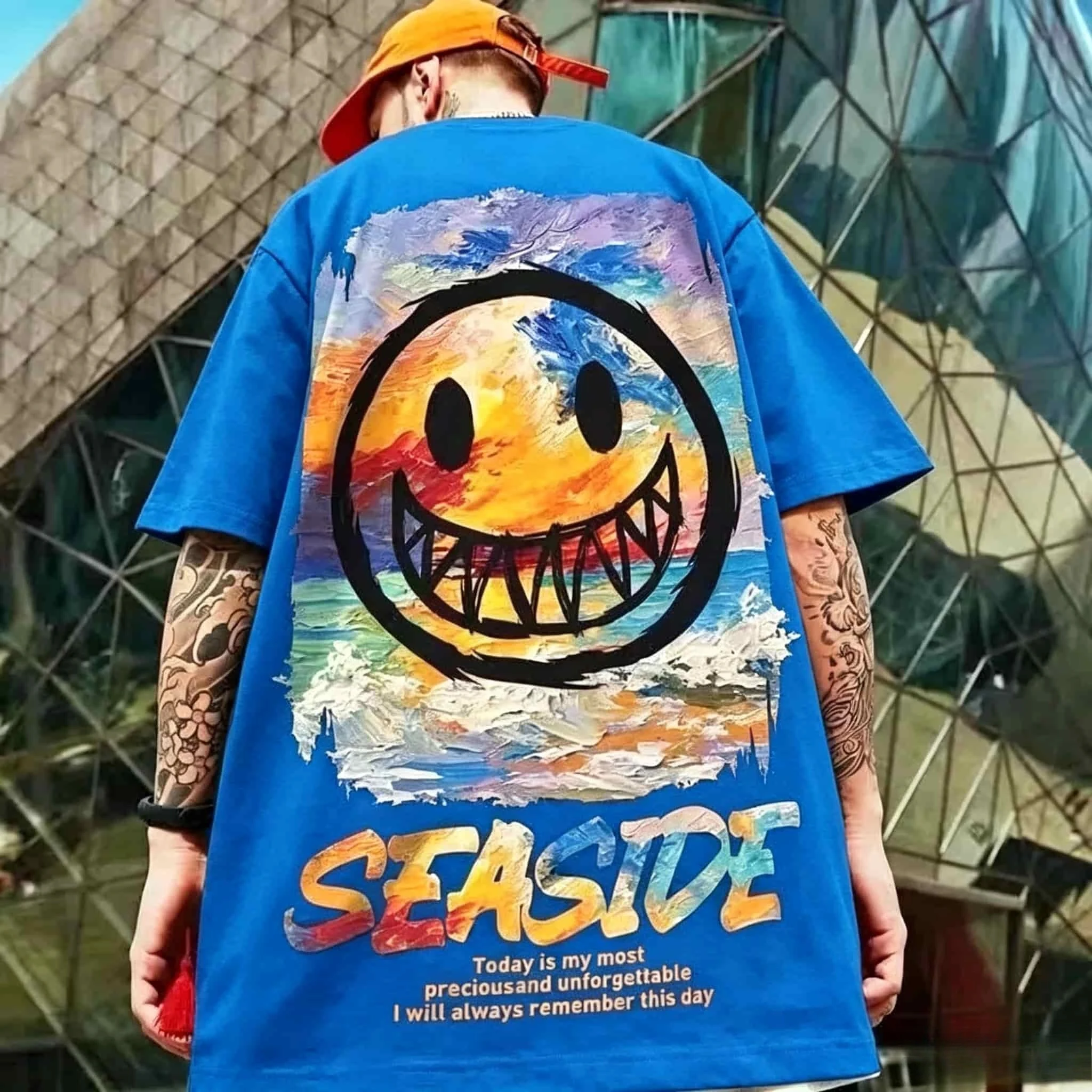 Summer Men's Casual Round-neck T-shirt- American Retro Pure Cotton Loose Short Sleeve - Big Size Doodle Print Teenage Cool Shirt