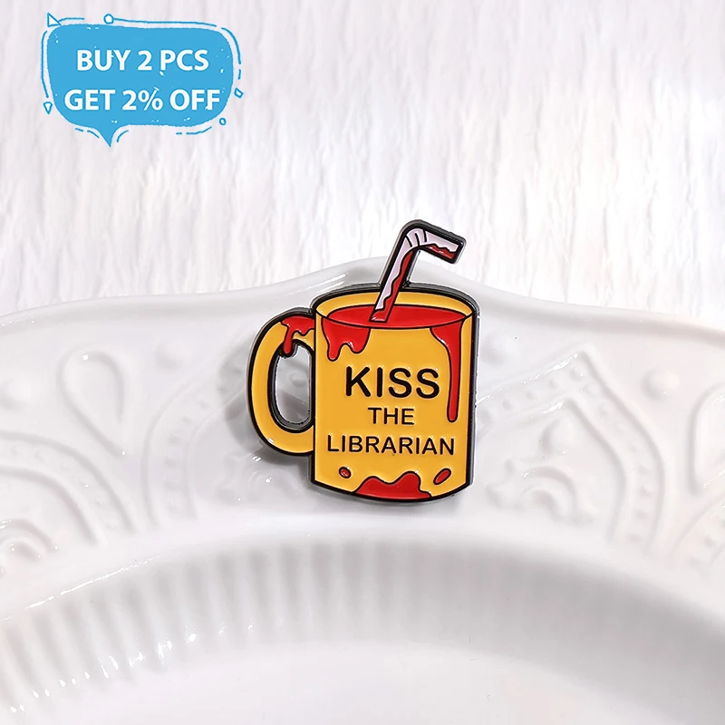 Blood Drink Enamel Pins Custom KISS THE LIBRARIAN Brooches Lapel Badges Clothes Halloween Funny Jewelry Gift for Friends