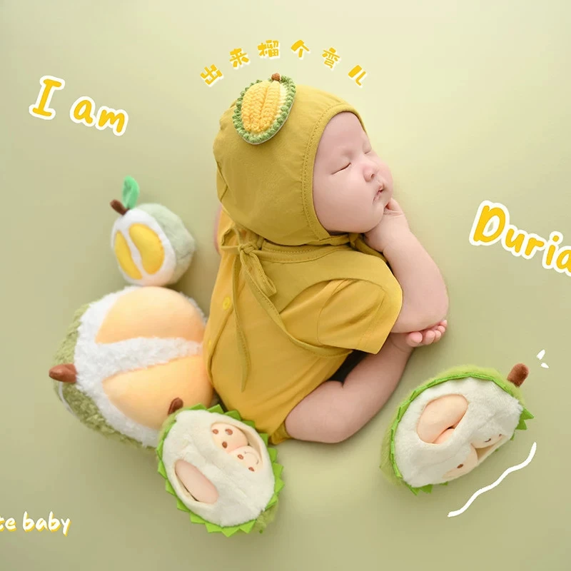 Newborn Photography Props Durian Theme Set Summer Cure Fruit Outfit Set Backdrop with 4pcs Durian for Baby Studio Photoshoot