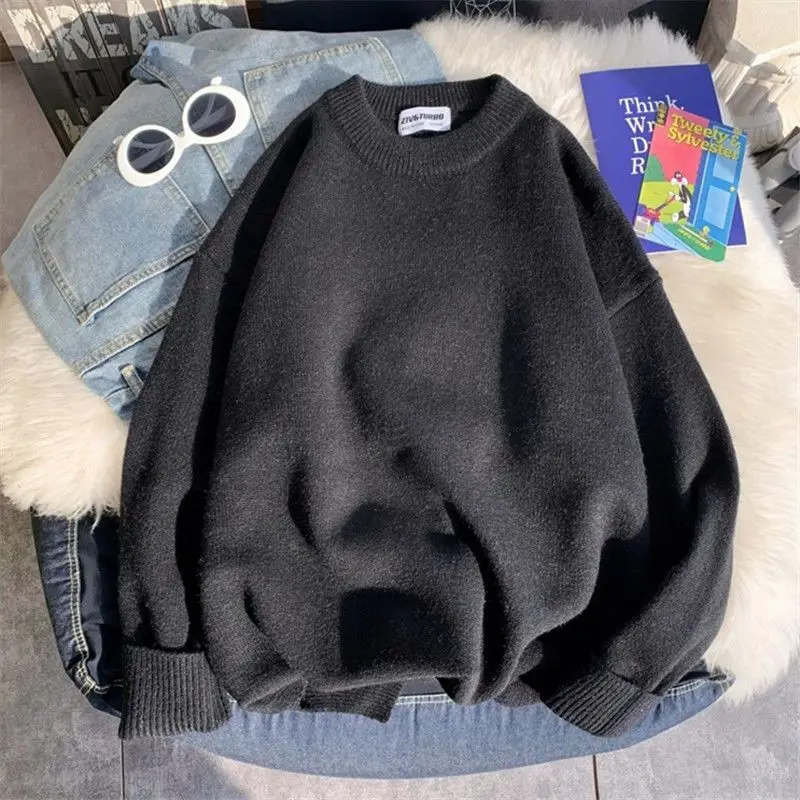 2023 New Autumn and Winter Korean Edition Simple Loose Casual Versatile Thread Round Neck Long Sleeve Solid Knit Sweater