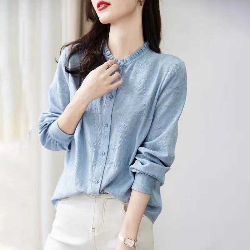 Blouses Loose Thin Solid Ruffled Button Straight Casual Elegant Trend Simplicity Spring Summer Comfortable Women\'s Clothing 2022