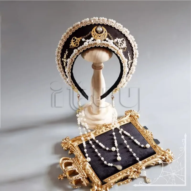 Gothic Lolita Tudor KC Crown Headpiece Renaissance Headband Elizabethan Hood Coronet Tiara Queen Anna tiara Baroque Beads Chain