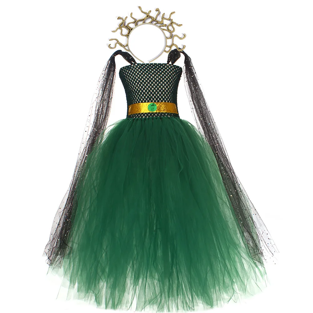 Girls Green Medusa Costume With Headpiece For Kids Halloween Medusa Dresses Greek Roman Kids Fancy Gown Tutu Dress Cosplay 1-10Y