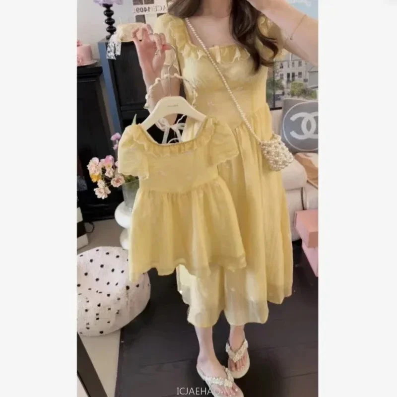 Parent-child Dresses Like Mother Daughter Summer Holiday Korean Clothes Mom And Me Look Yellow Short-Sleeved Dress Mom Girls - Image 5